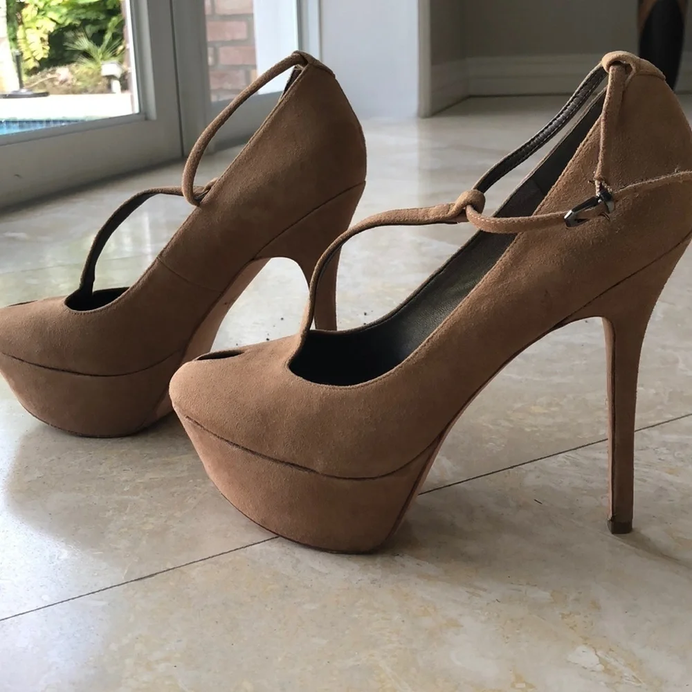 Sam Edelman Ankle T-Strap Pumps -Camel Suede - 8.5